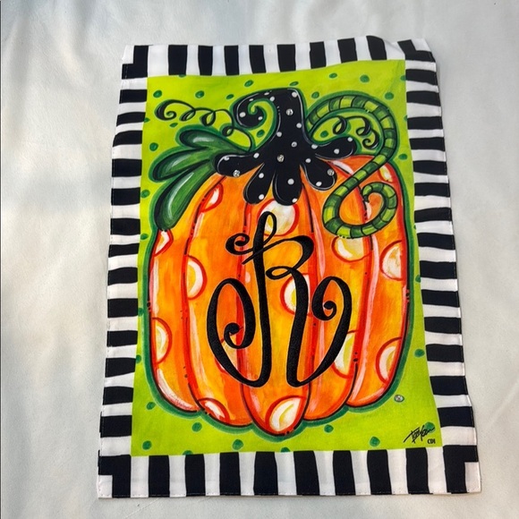 Colorful Pumpkin Garden Flag with Initial R, embroidered, 2 sided, sequin detail - Picture 8 of 8